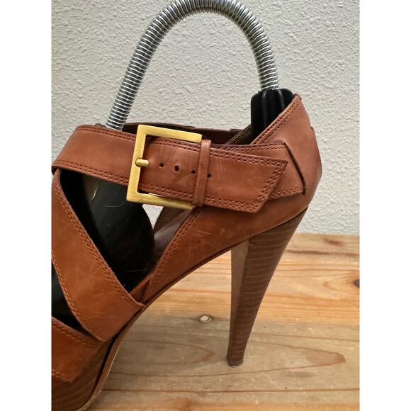 Max Studio Sandals Stiletto Platform Brown Leather Cross Strap Open Toe - Picture 8 of 10